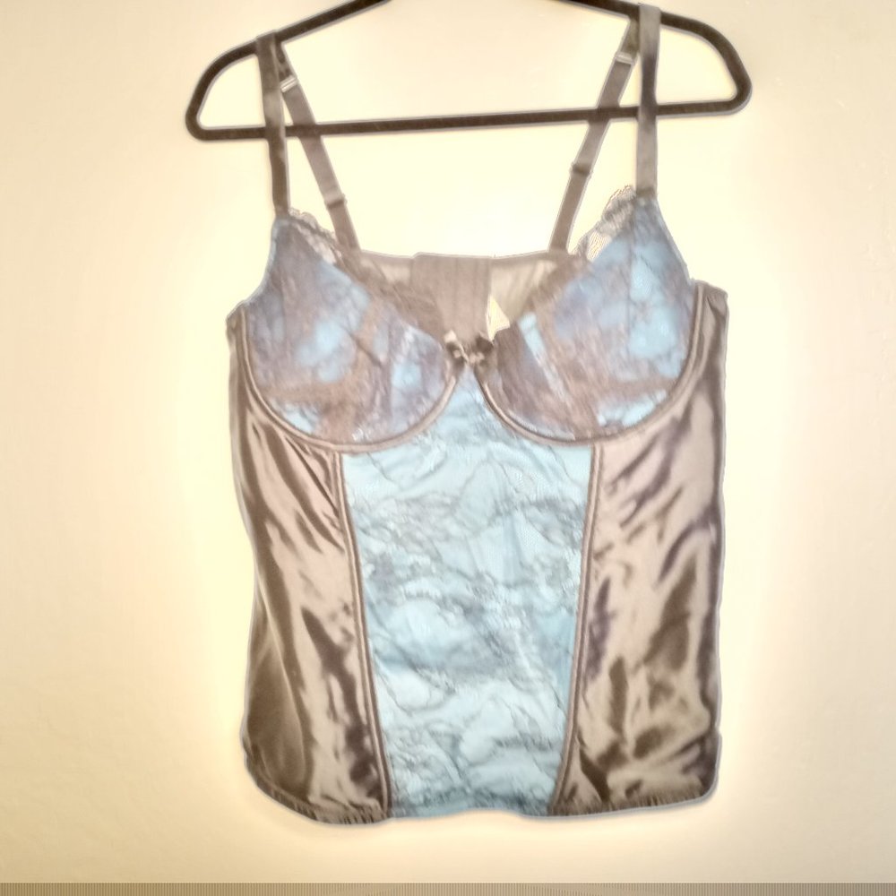 Beautiful new satin blue with black lace corset.